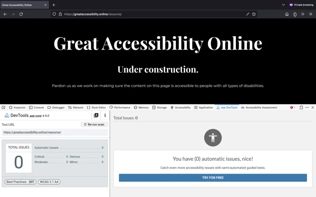 Firefox inspector panel with DevTool showing an issue with one landmark when Best practices is turned off.