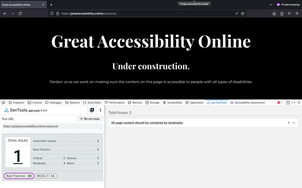 Firefox inspector panel with DevTool showing an issue with one landmark when Best practices is turned on.